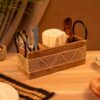 Mango Wood Multi-Purpose Utensils Caddy – Handcrafted Organizer with leaser  Design, White Wash Accents & Metal Handles, Golden Burnt Finish.
