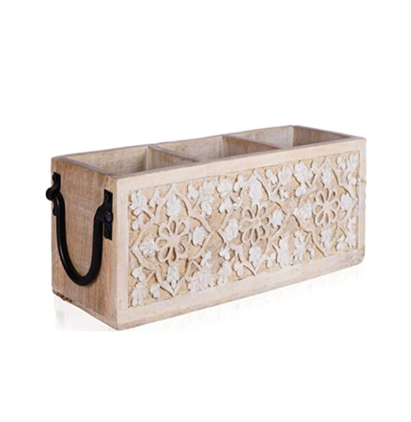 3-Slot Wooden Multi-Purpose Organizer – Hand-Carved Floral Caddy with Metal Handles, Desk, Kitchen & Washroom Storage, Mango Wood