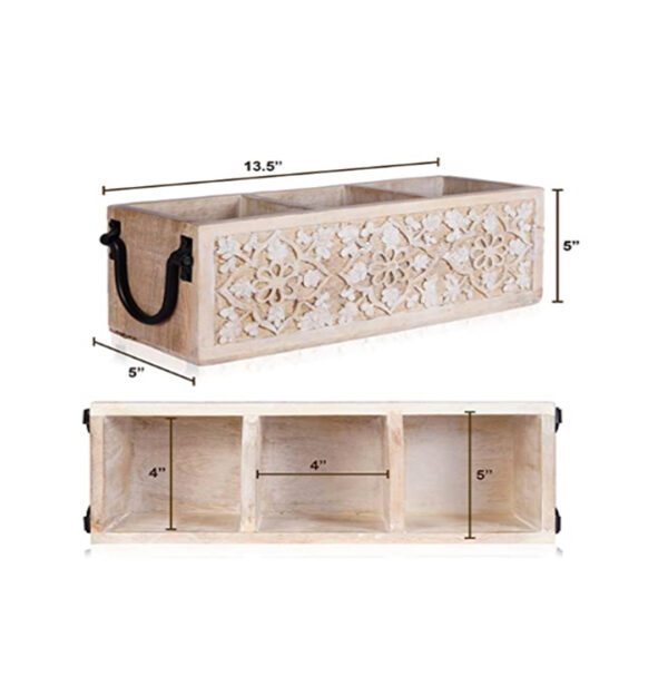 3-Slot Wooden Multi-Purpose Organizer – Hand-Carved Floral Caddy with Metal Handles, Desk, Kitchen & Washroom Storage, Mango Wood