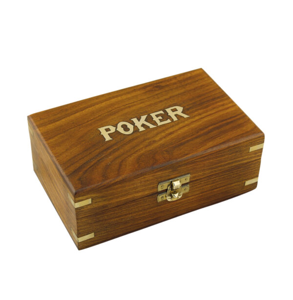 Acacia Wood Poker Box with 2 Decks & Poker Chips – Brass “POKER” Inlay & Corners – Luxury Gift for Father’s Day, Christmas, Game Night