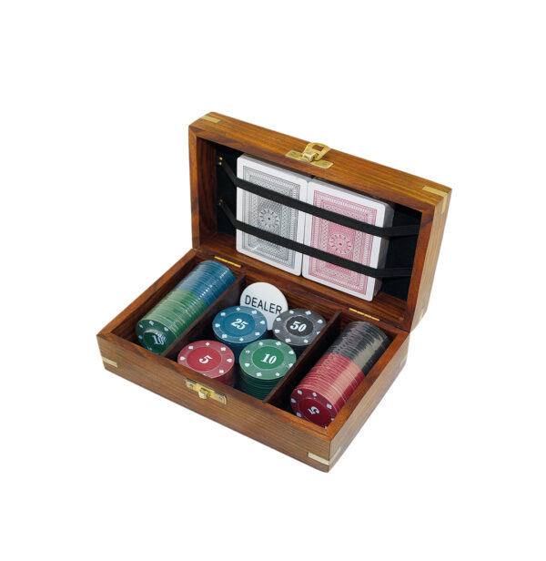 Acacia Wood Poker Box with 2 Decks & Poker Chips – Brass “POKER” Inlay & Corners – Luxury Gift for Father’s Day, Christmas, Game Night