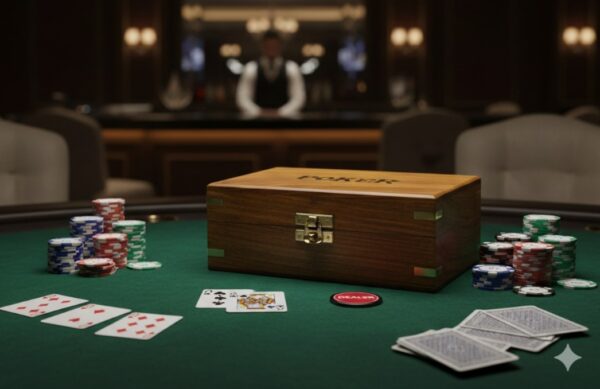 Acacia Wood Poker Box with 2 Decks & Poker Chips – Brass “POKER” Inlay & Corners – Luxury Gift for Father’s Day, Christmas, Game Night