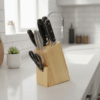 Pine Wood Knife Block Stand – 6 Slot Knife Holder with Round Rod & Scissor Slot, Kitchen Counter Organizer
