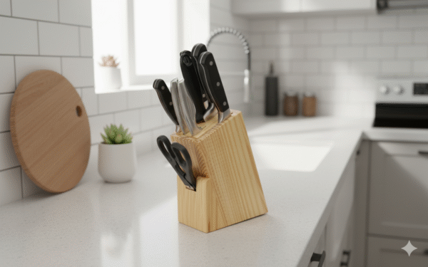 Pine Wood Knife Block Stand – 6 Slot Knife Holder with Round Rod & Scissor Slot, Kitchen Counter Organizer