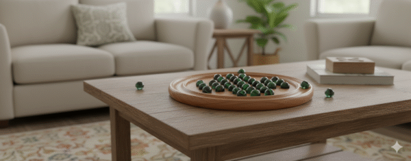Handcrafted Wooden Solitaire Game with Marbles - Round Board
