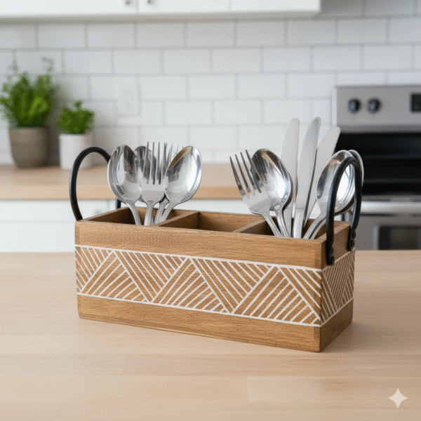 Mango Wood Multi-Purpose Utensils Caddy – Handcrafted Organizer with leaser  Design, White Wash Accents & Metal Handles, Golden Burnt Finish.