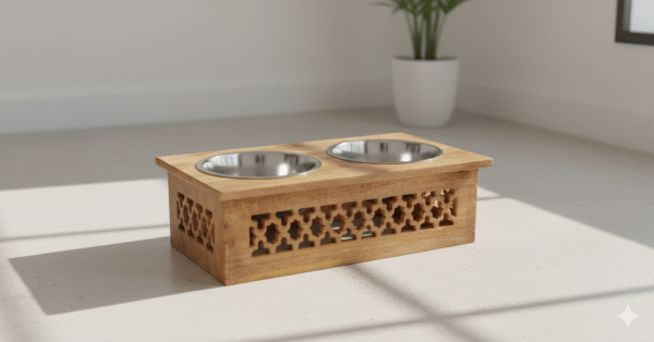 Wooden Pet Feeder Stand – Mango Wood with Golden Burn Polish & 2 Stainless Steel Bowls (16x8.5x5 Inch)