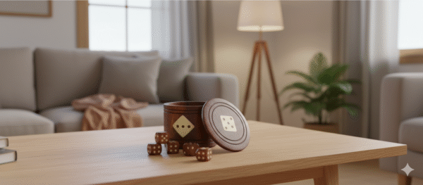 Handcrafted Wooden Dice Round Box with Brass Inlay & 5 Dice