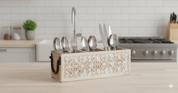 3-Slot Wooden Multi-Purpose Organizer – Hand-Carved Floral Caddy with Metal Handles, Desk, Kitchen & Washroom Storage, Mango Wood