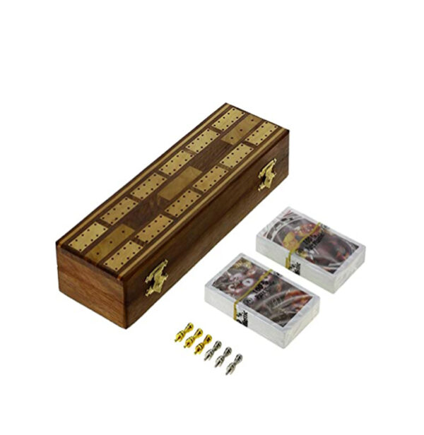 Handcrafted Wooden Cribbage Board Set with 2 Decks of Cards & Metal Pegs
