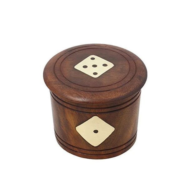 Handcrafted Wooden Dice Round Box with Brass Inlay & 5 Dice
