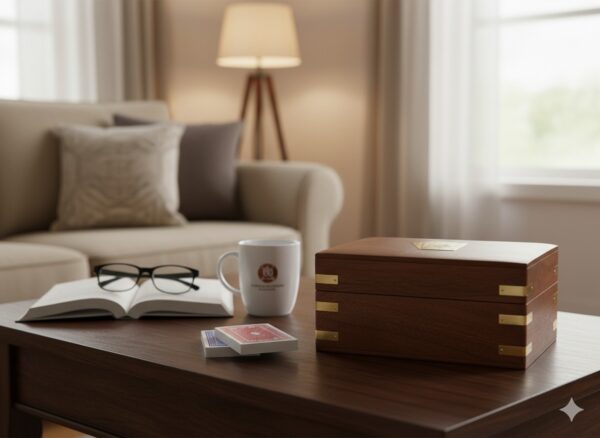 Wooden Playing Card Storage Box - 2 Deck Holder with Brass Ace Inlay & 12 Brass Corners (12.5x7.5x7.5 cm)