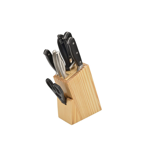 Pine Wood Knife Block Stand – 6 Slot Knife Holder with Round Rod & Scissor Slot, Kitchen Counter Organizer