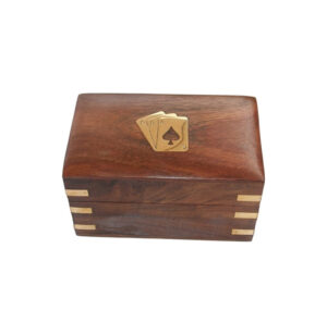 Wooden Playing Card Storage Box - 2 Deck Holder with Brass Ace Inlay & 12 Brass Corners (12.5x7.5x7.5 cm)
