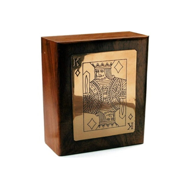 Wooden Playing Card Box - Single Deck Holder with Brass King of Diamonds Inlay, Acacia Wood (11.5 x 8 x 4 cm)