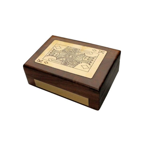 Wooden Playing Card Box - Single Deck Holder with Brass King of Diamonds Inlay, Acacia Wood (11.5 x 8 x 4 cm)