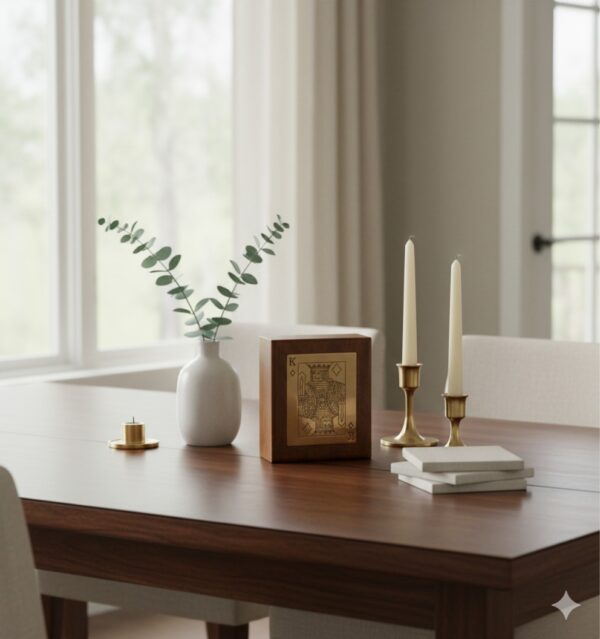 Wooden Playing Card Box - Single Deck Holder with Brass King of Diamonds Inlay, Acacia Wood (11.5 x 8 x 4 cm)