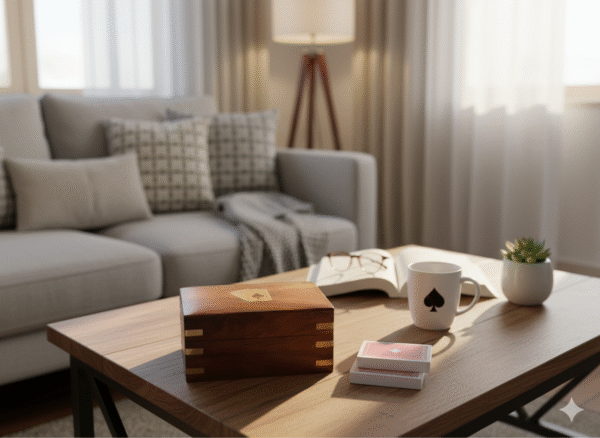 Wooden Playing Card Storage Box - 2 Deck Holder with Brass Ace Inlay & 12 Brass Corners (12.5x7.5x7.5 cm)