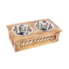 Wooden Pet Feeder Stand – Mango Wood with Golden Burn Polish & 2 Stainless Steel Bowls (16x8.5x5 Inch)