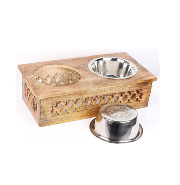 Wooden Pet Feeder Stand – Mango Wood with Golden Burn Polish & 2 Stainless Steel Bowls (16x8.5x5 Inch)